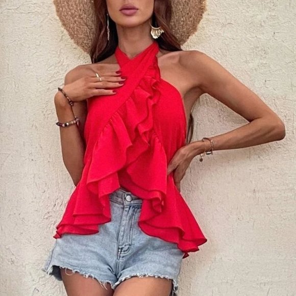 RED BOHO VIBES Ruffle Hem Halter Shirred Back Blouse Top - Picture 6 of 7